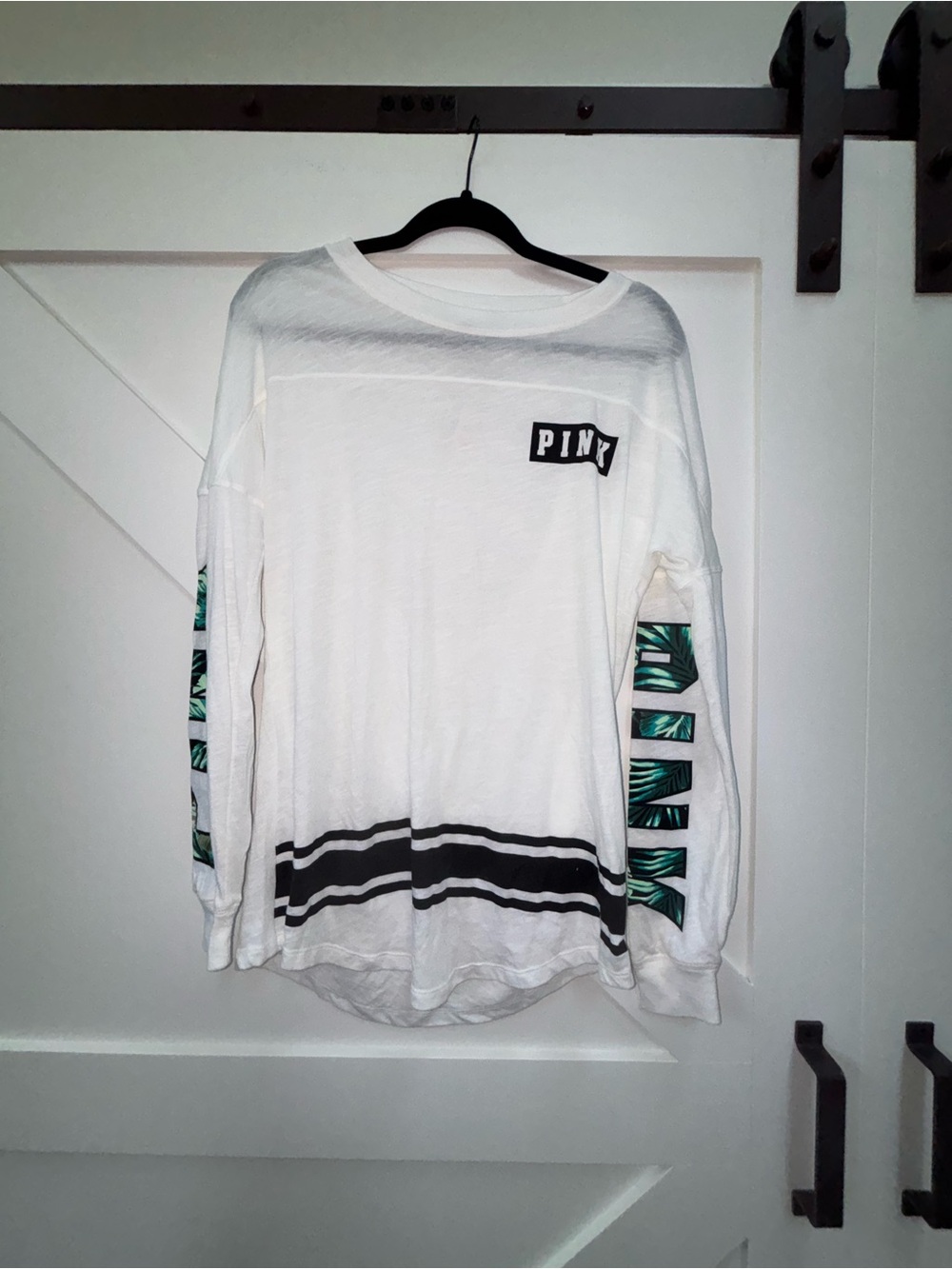 PINK Victoria's Secret White Long Sleeve Tee with Green Palm Sleeve Panels